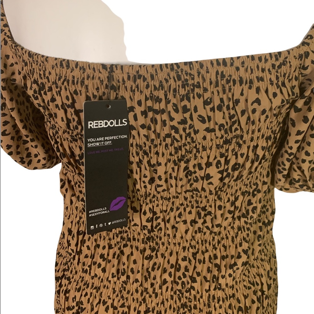 Rebdolls Puff Sleeve Leopard Print Black Brown Elastic Off Shoulder Dress - Picture 6 of 11